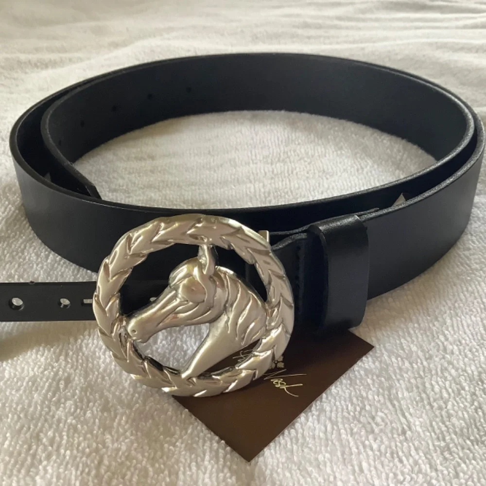 Patricia Nash Leather Morely Horse Buckle Belt Black SZ Large - Picture 3 of 8
